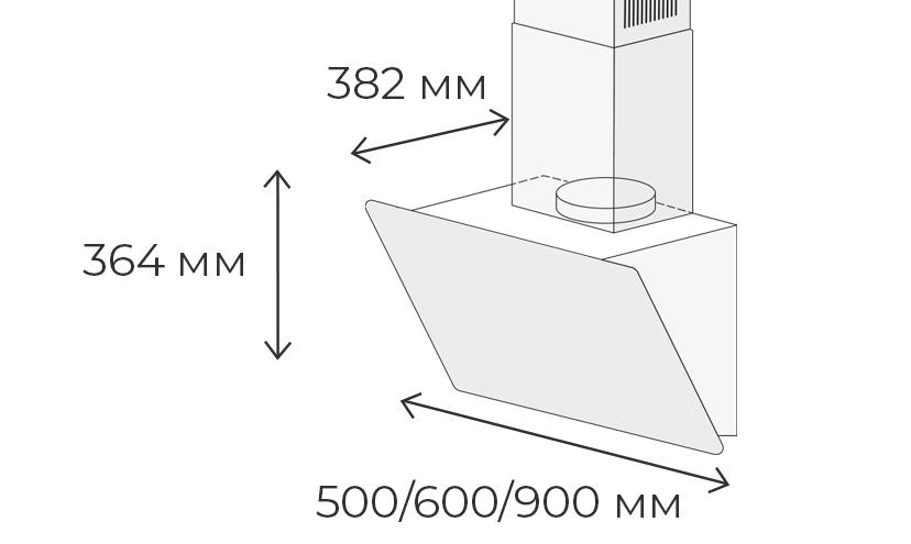 Ширина 900&nbsp;мм, высота 364&nbsp;мм, глубина 382&nbsp;мм