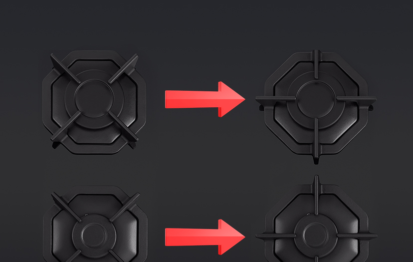 Чугунные решетки (восьмиугольные) индивидуальные для&nbsp;каждой конфорки. WOK-горелка с&nbsp;двойным кольцом пламени