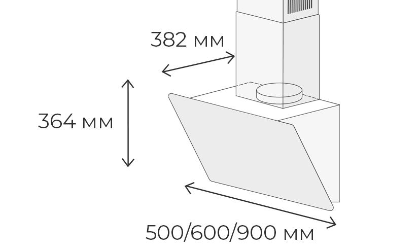 Ширина 600&nbsp;мм, высота 364&nbsp;мм, глубина 382&nbsp;мм