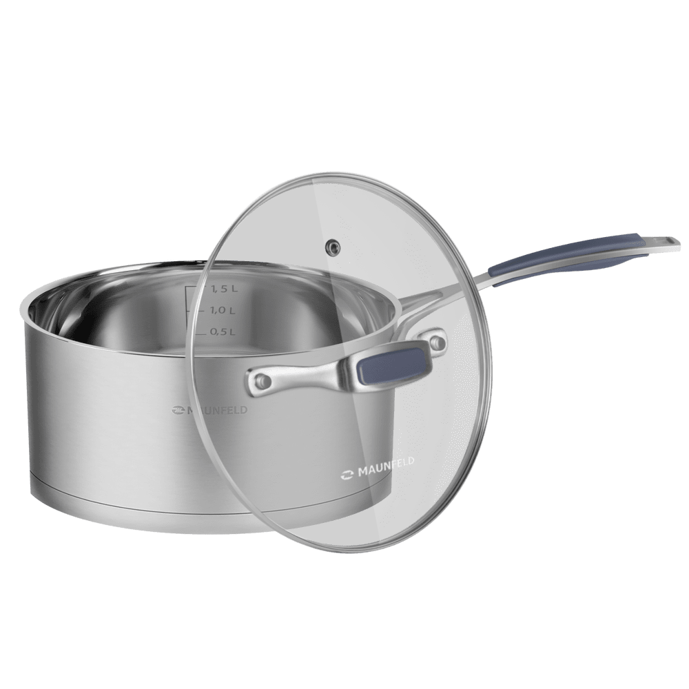 Ковш MAUNFELD MADISON MF18MS01SP из нержавеющей стали со стеклянной крышкой, 16 см, 1,8 л.